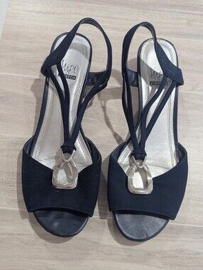 Impo "Rita" Navy Blue Dressy Sling Back Wedge Sandals Silver Deco Sz 10 *See Pic